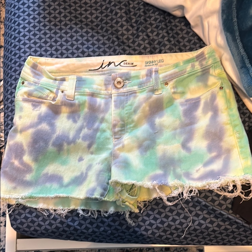 INC International Concepts Blue and Green Jean Shorts with Frayed Hem